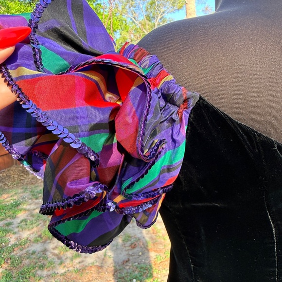 Vintage 80s Velvet Party Mini Dress Ruffled Sequin Sleeve - Picture 7 of 9